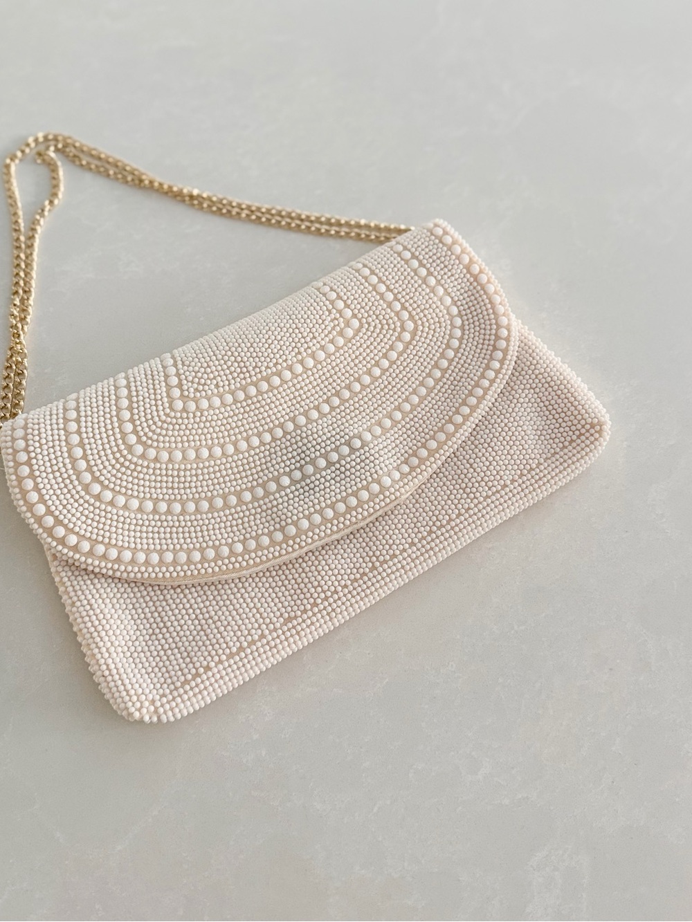 Vintage Cream Seed Bead Bridal Clutch/Crossbody Bag • Made in Hong Kong